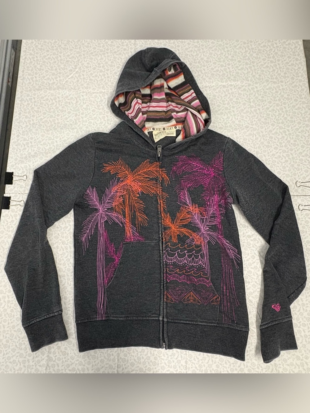 Vintage Y2K ROXY Gray Full Zip Hoodie Size 12/14 Palm Tree Graphic Pockets RARE